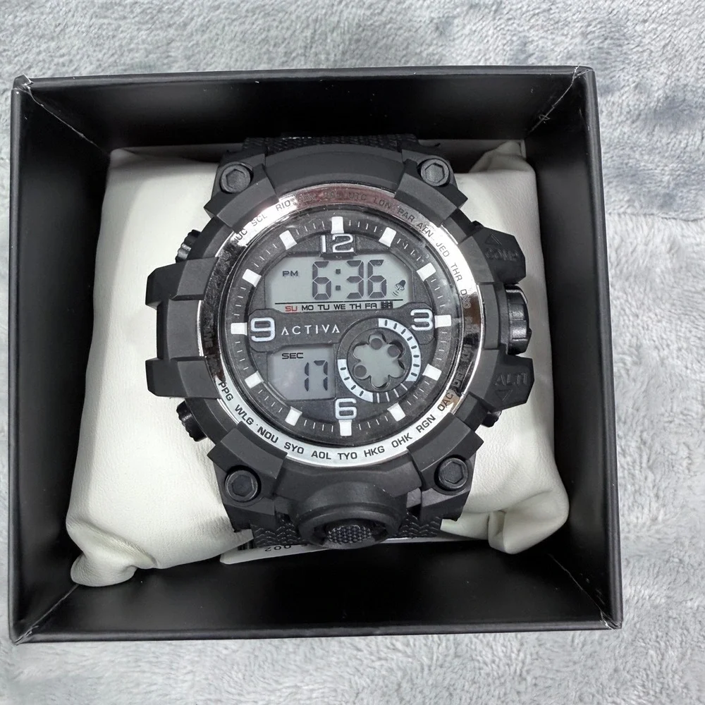Activa Mens Shock Resistant Multi-Function Sport Watch Black White Splatter